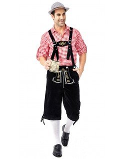 Herren Trachtenhemd Bayerische Oktoberfest Lederhose Kostüm Rot Schwarz