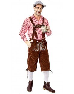 Herren Trachtenhemd Bayerische Oktoberfest Lederhose Kostüm Rot Braun